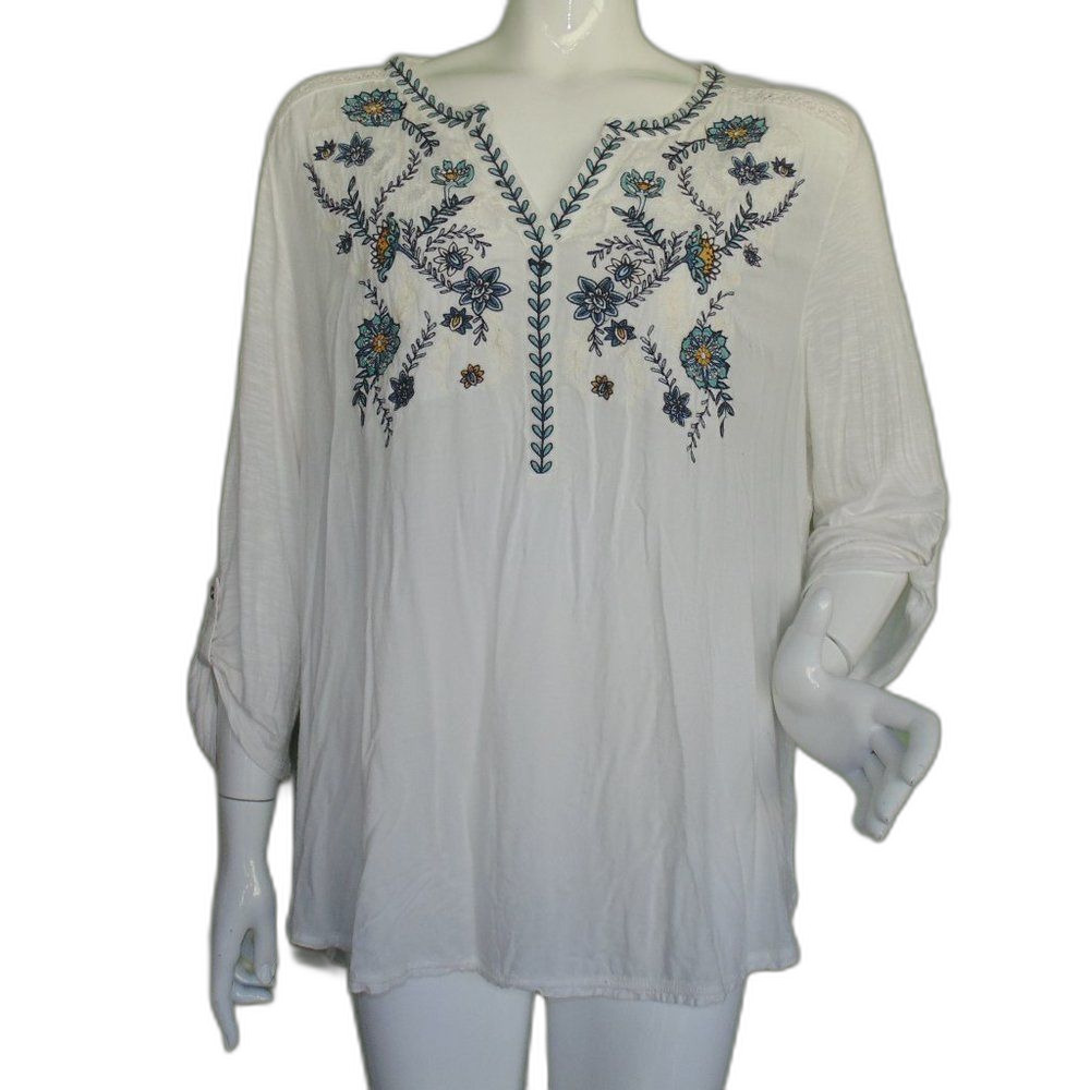 BOB TIMBERLAKE Tunic, XXL,  Boho, White, Embroidered, Tab/Convertible sleeves
